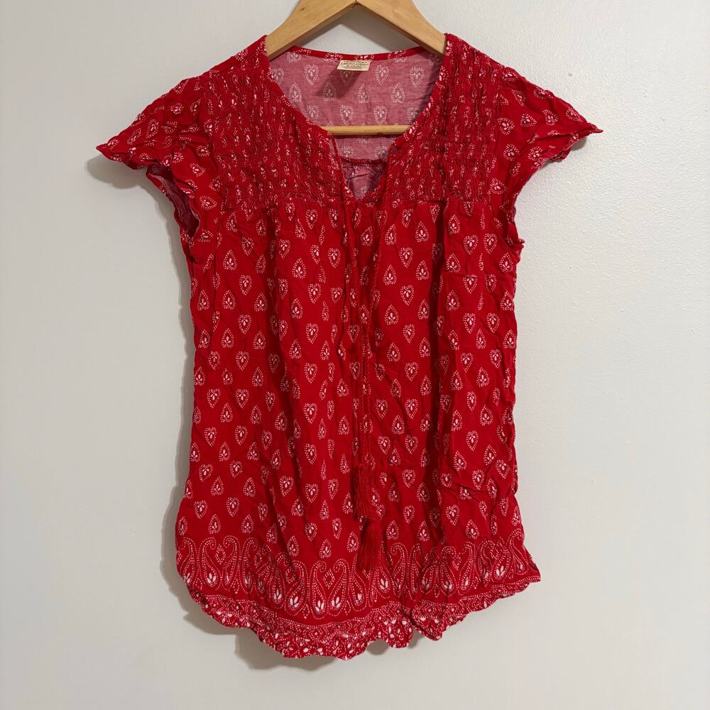 Faded Glory Women's Small Red Tie Blouse Paisley Fairy Cottage Fall